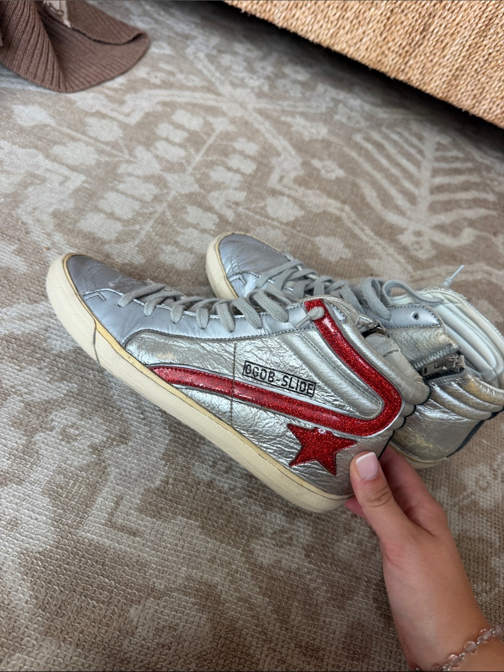 Golden Goose Silver High-Top Sneakers with Red Star and Accent